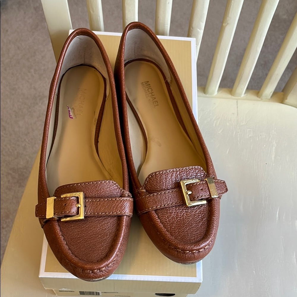 Michael Kors Brown Leather Flats with Gold Buckle